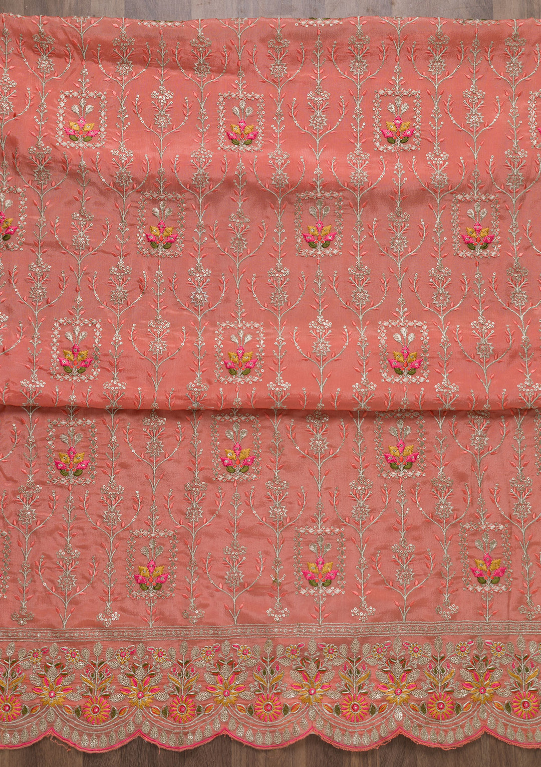 Peach Zariwork Art Silk Unstitched Salwar Suit-Koskii
