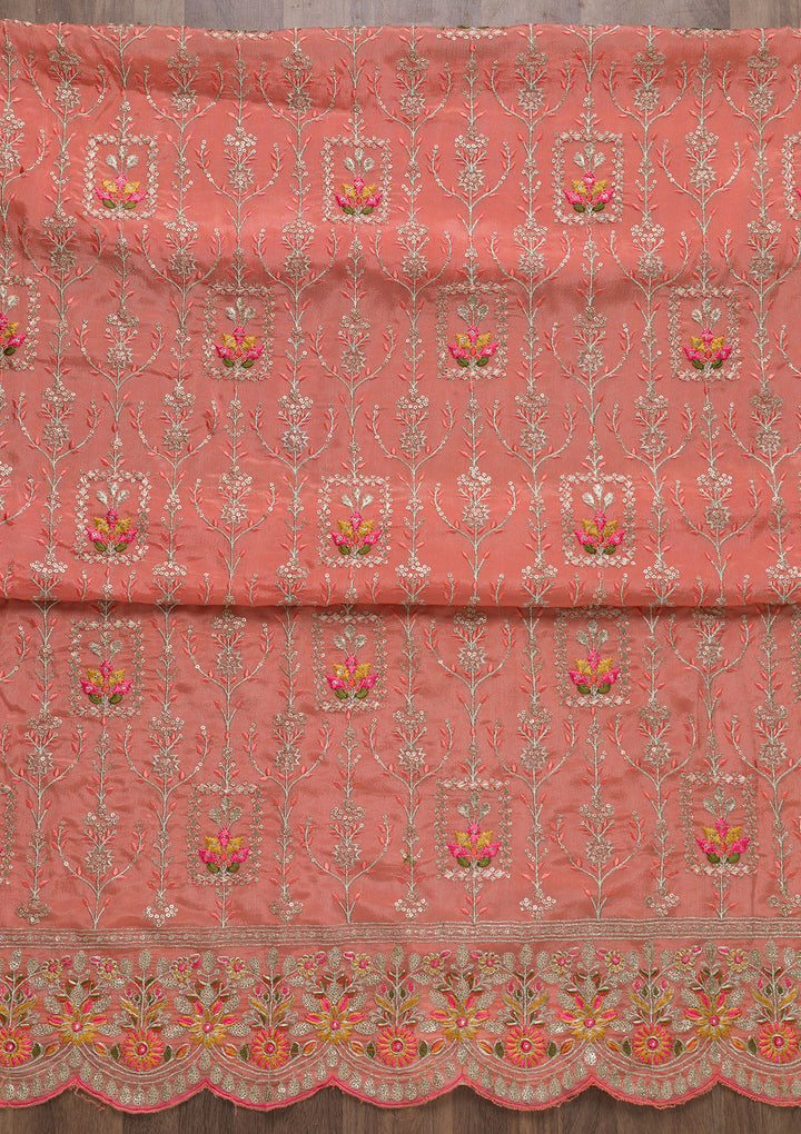 Peach Zariwork Art Silk Unstitched Salwar Suit-Koskii