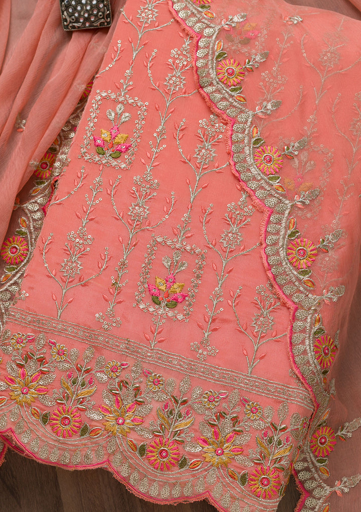 Peach Zariwork Art Silk Unstitched Salwar Suit-Koskii
