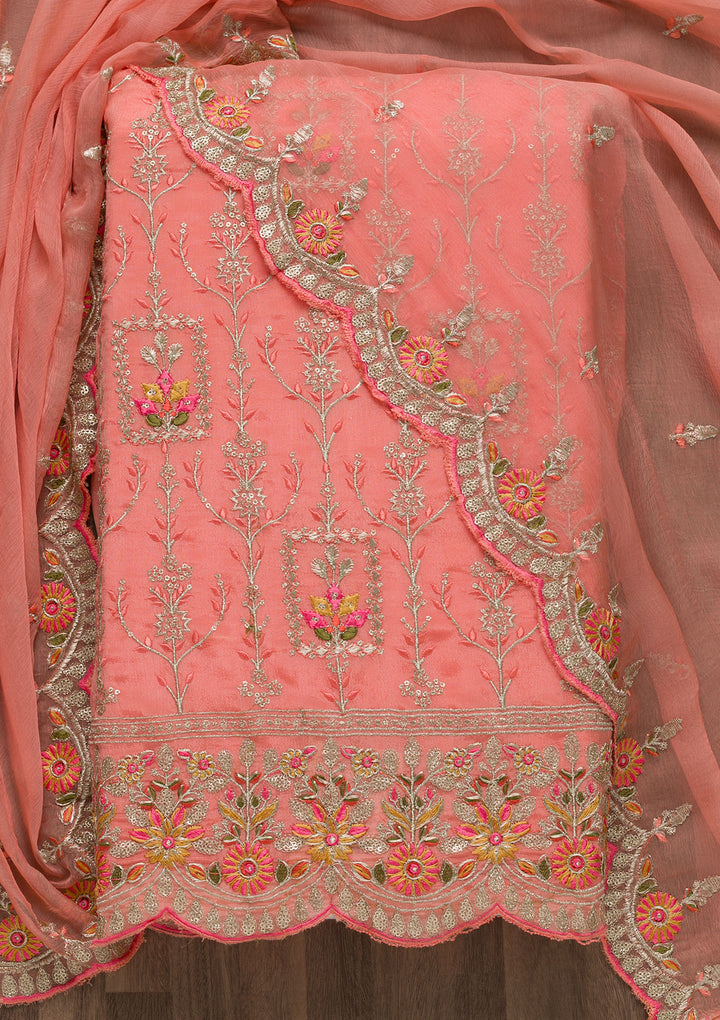 Peach Zariwork Art Silk Unstitched Salwar Suit-Koskii