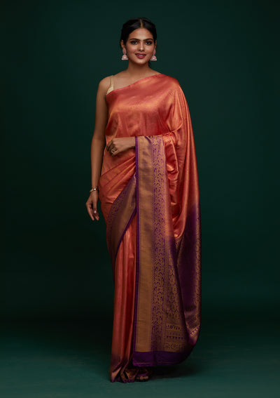 Peach Zariwork Art Silk Designer Saree - Koskii