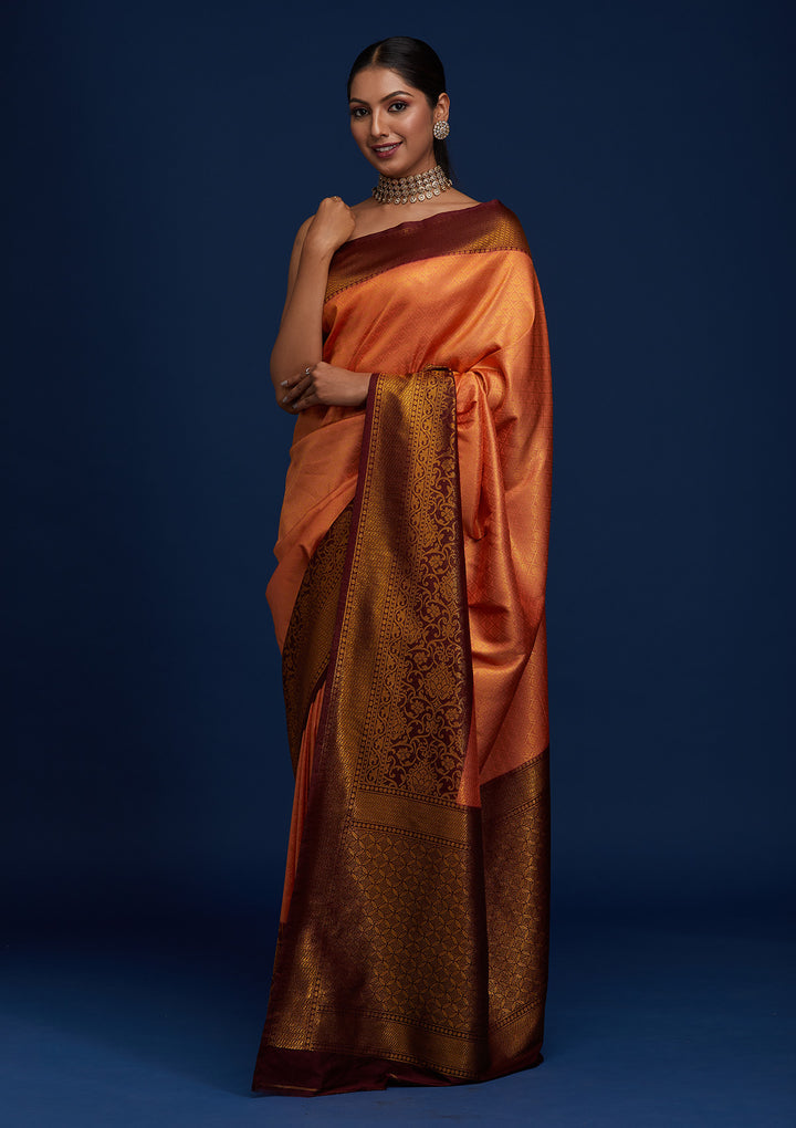 Peach Zariwork Art Silk Designer Saree - Koskii