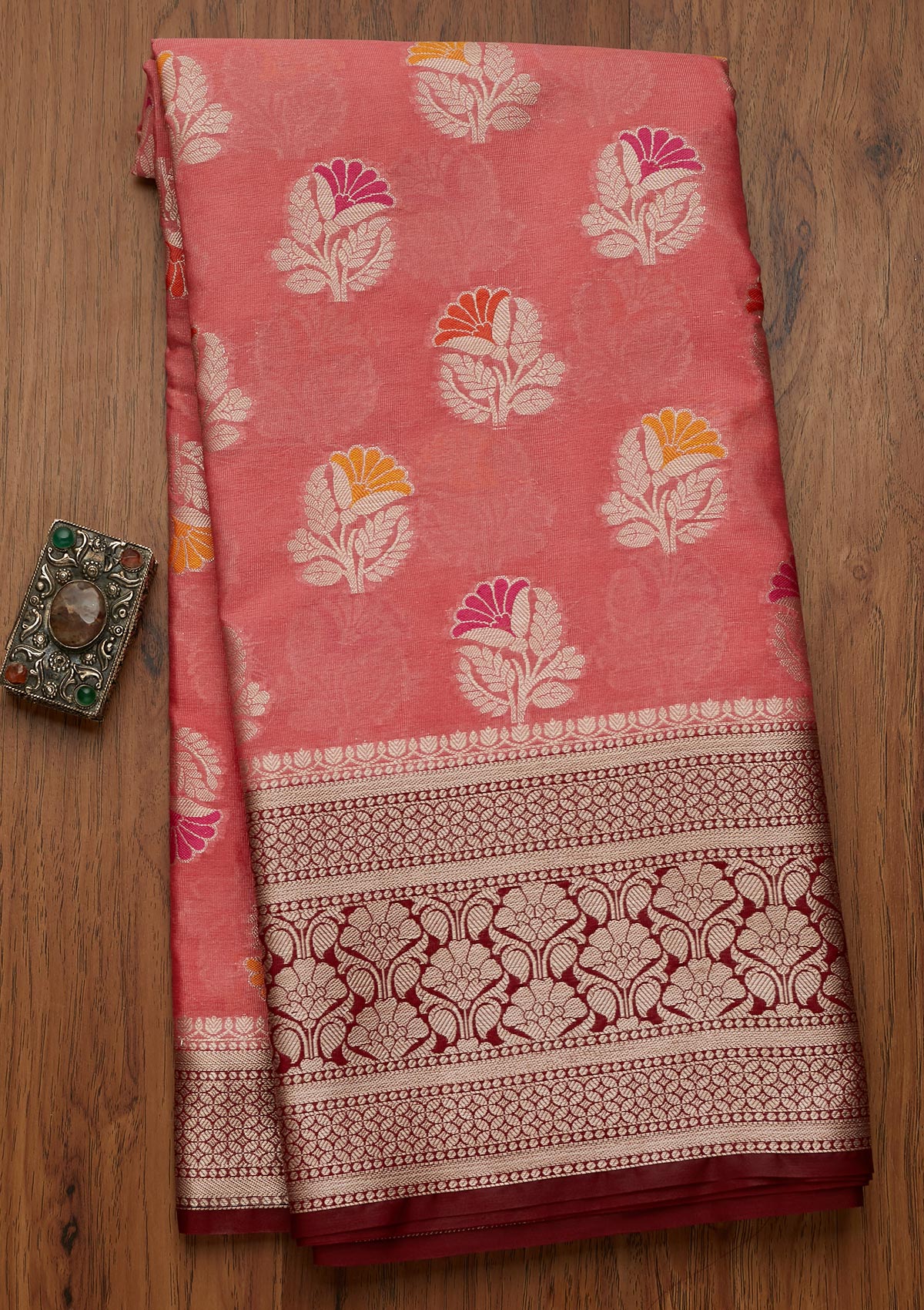 Peach Zariwork Art Silk Saree- Koskii