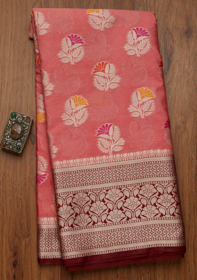 Peach Zariwork Art Silk Saree- Koskii