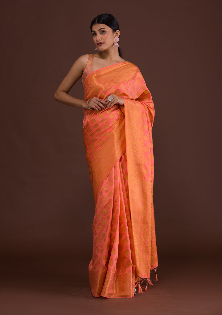 Peach Zariwork Art Silk Unstitched Saree-Koskii