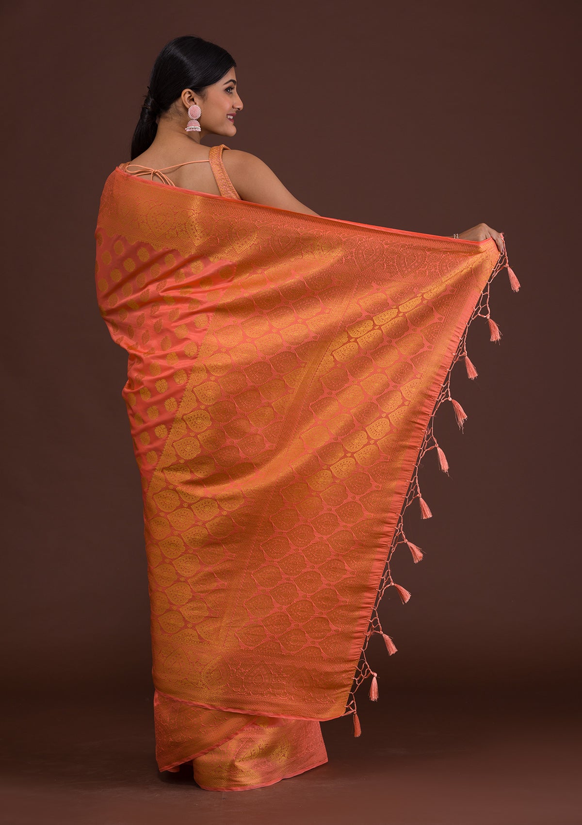 Peach Zariwork Art Silk Unstitched Saree-Koskii