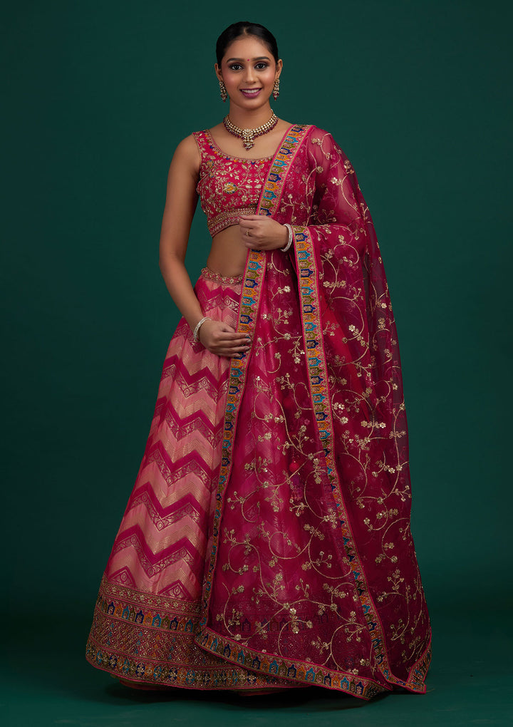 Peach Zariwork Banarasi Designer Semi-Stitched Lehenga - Koskii