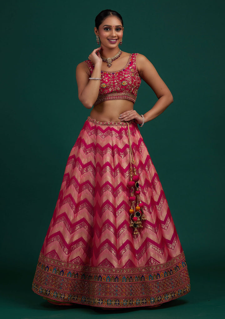 Peach Zariwork Banarasi Designer Semi-Stitched Lehenga - Koskii
