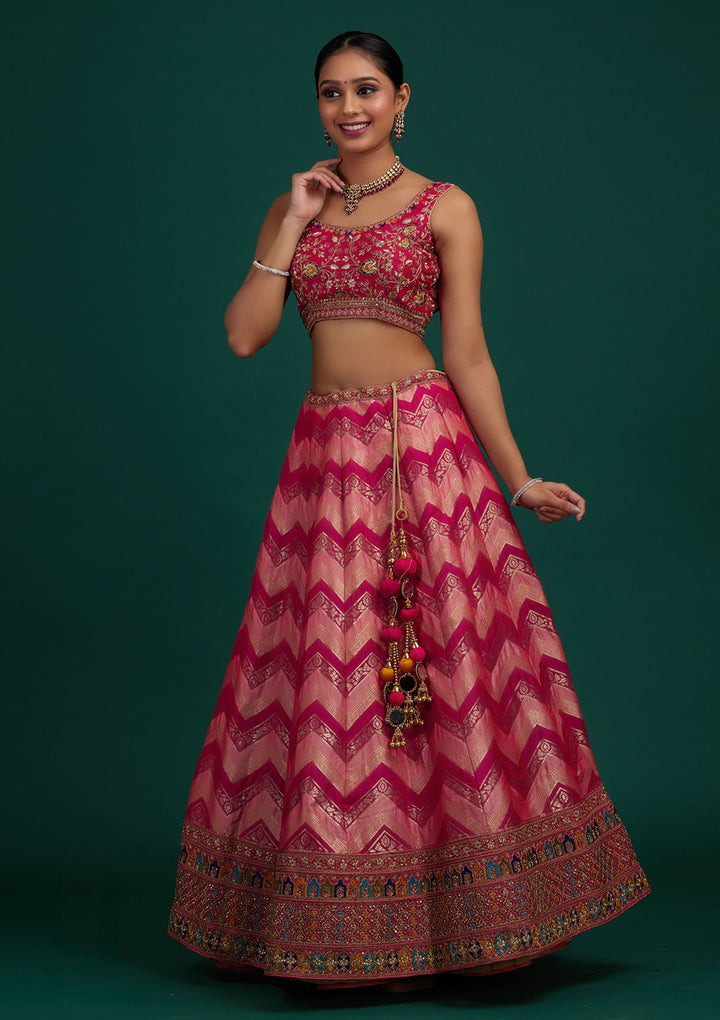 Peach Zariwork Banarasi Designer Semi-Stitched Lehenga - Koskii