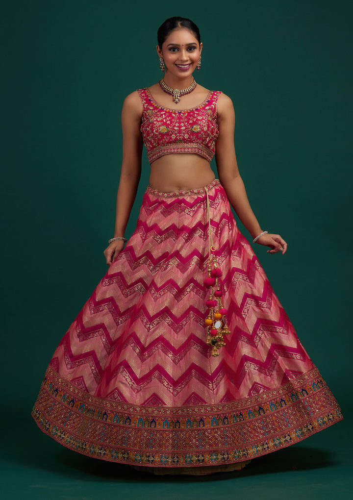 Peach Zariwork Banarasi Designer Semi-Stitched Lehenga - Koskii