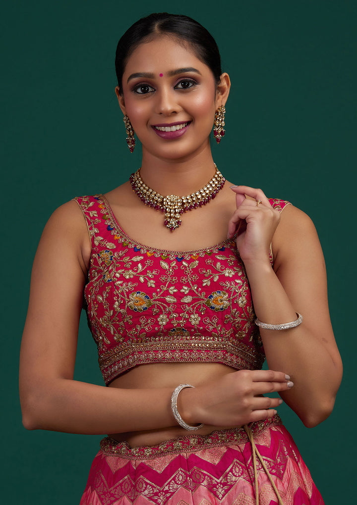 Peach Zariwork Banarasi Designer Semi-Stitched Lehenga - Koskii