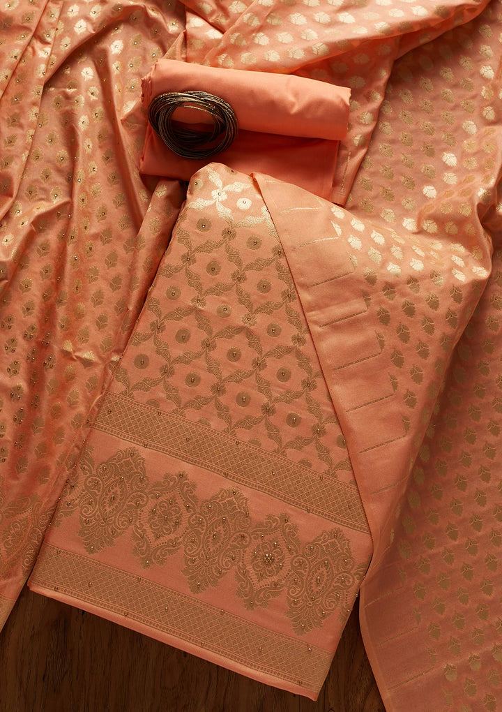Peach Zariwork Banarasi Designer Unstitched Salwar Suit - koskii