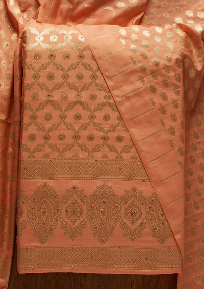 Peach Zariwork Banarasi Designer Unstitched Salwar Suit - koskii