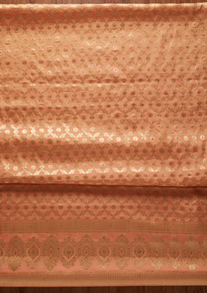 Peach Zariwork Banarasi Designer Unstitched Salwar Suit - koskii
