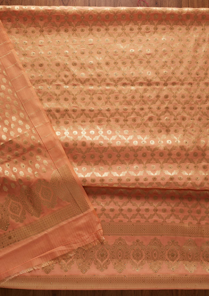 Peach Zariwork Banarasi Designer Unstitched Salwar Suit - koskii