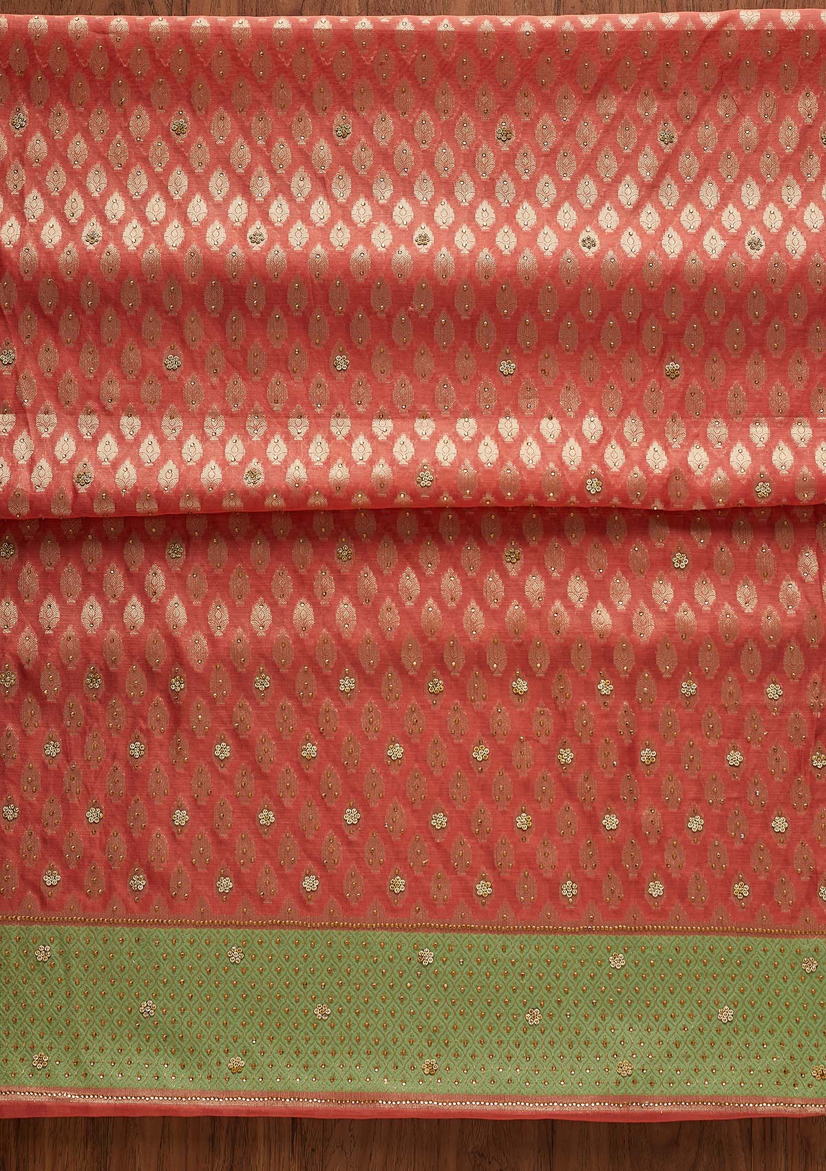 Peach Zariwork Brocade Designer Unstitched Salwar Suit - Koskii