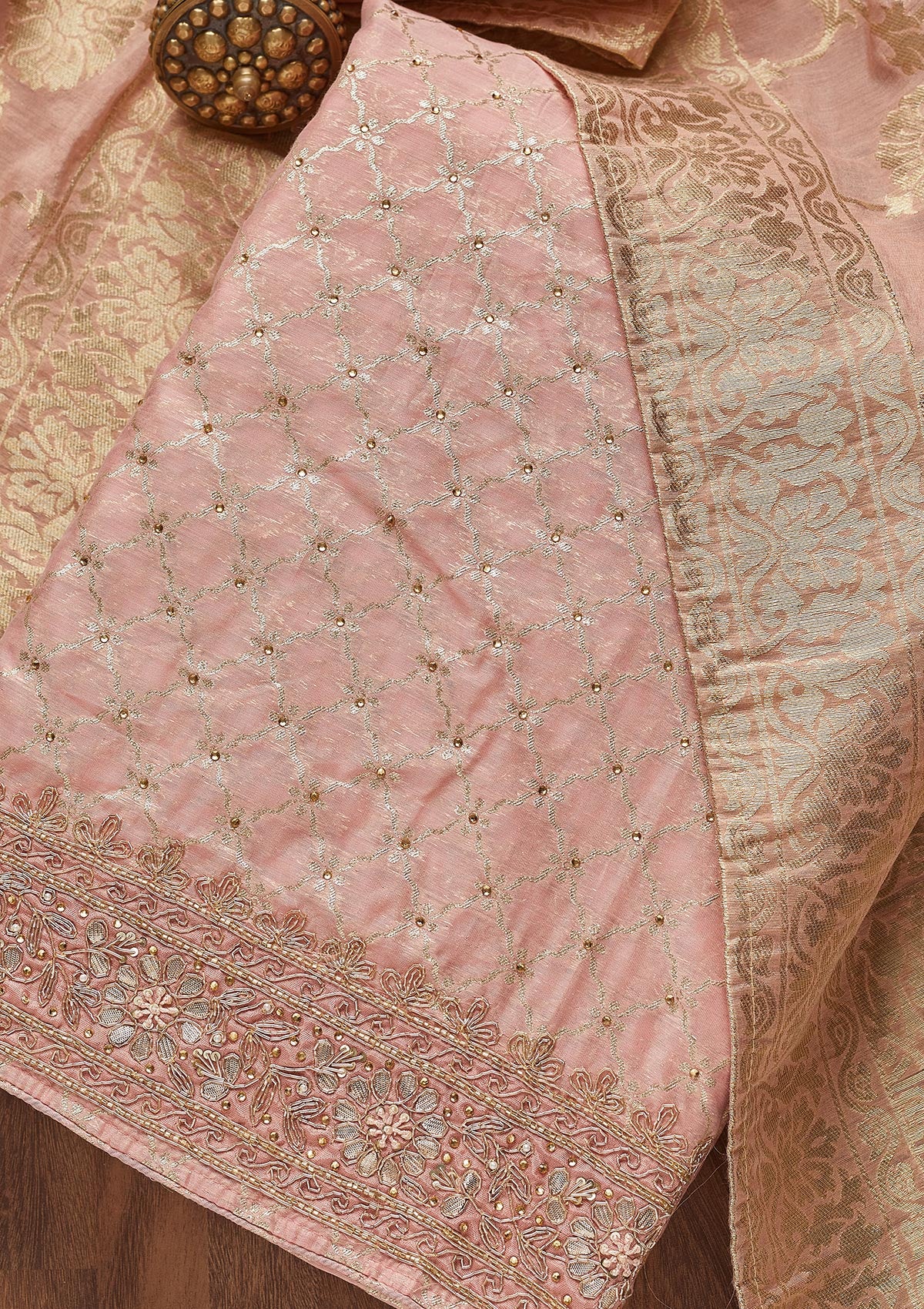 Peach Zariwork Brocade Unstitched Salwar Suit - Koskii