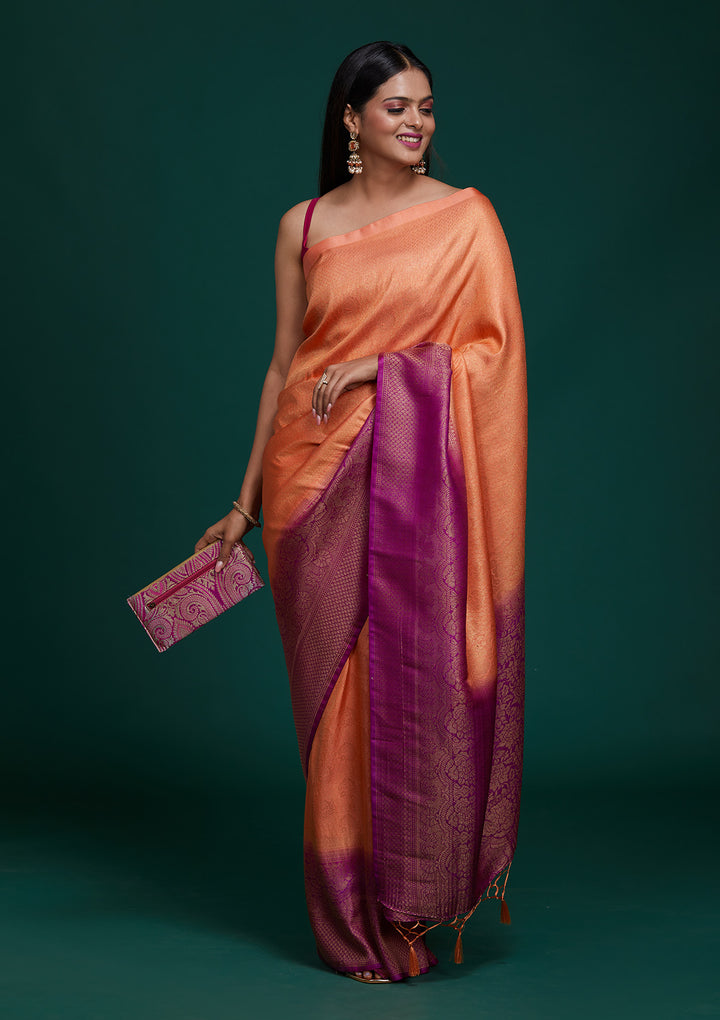 Peach Zariwork Brocade Saree - Koskii
