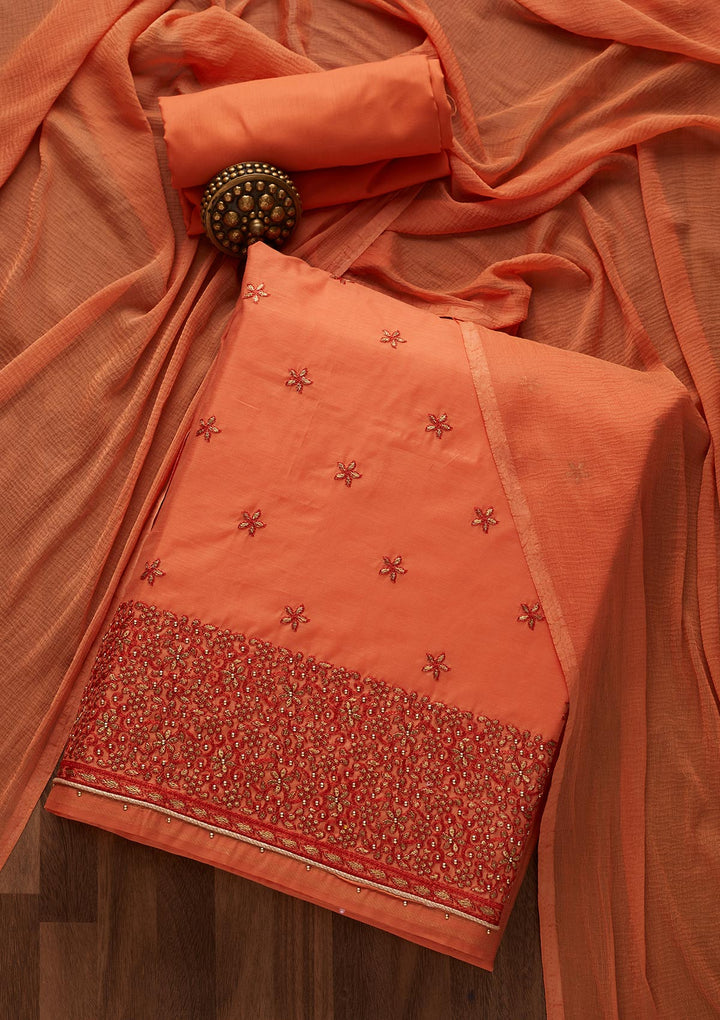 Peach Zariwork Chanderi Designer Unstitched Salwar Suit - Koskii