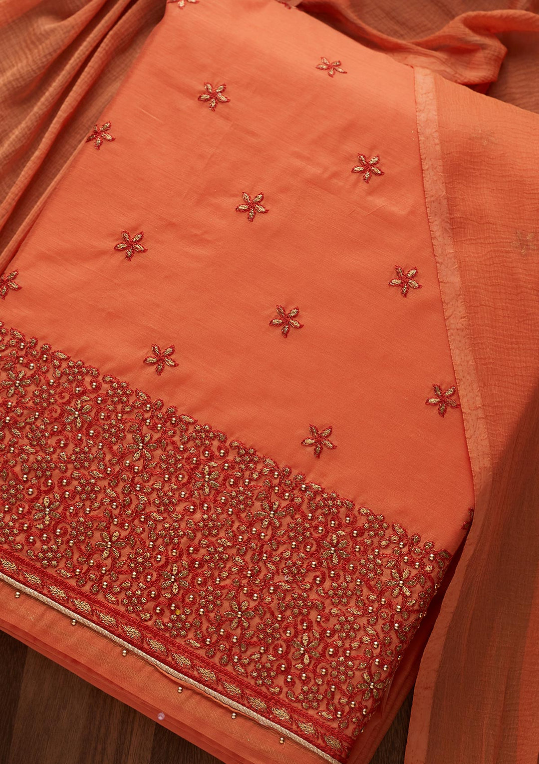 Peach Zariwork Chanderi Designer Unstitched Salwar Suit - Koskii