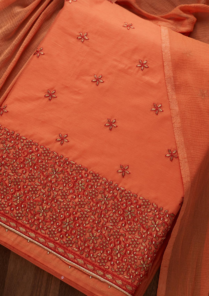 Peach Zariwork Chanderi Designer Unstitched Salwar Suit - Koskii