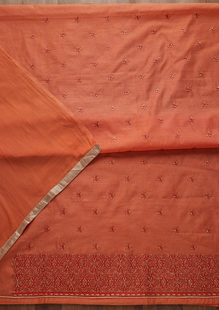 Peach Zariwork Chanderi Designer Unstitched Salwar Suit - Koskii
