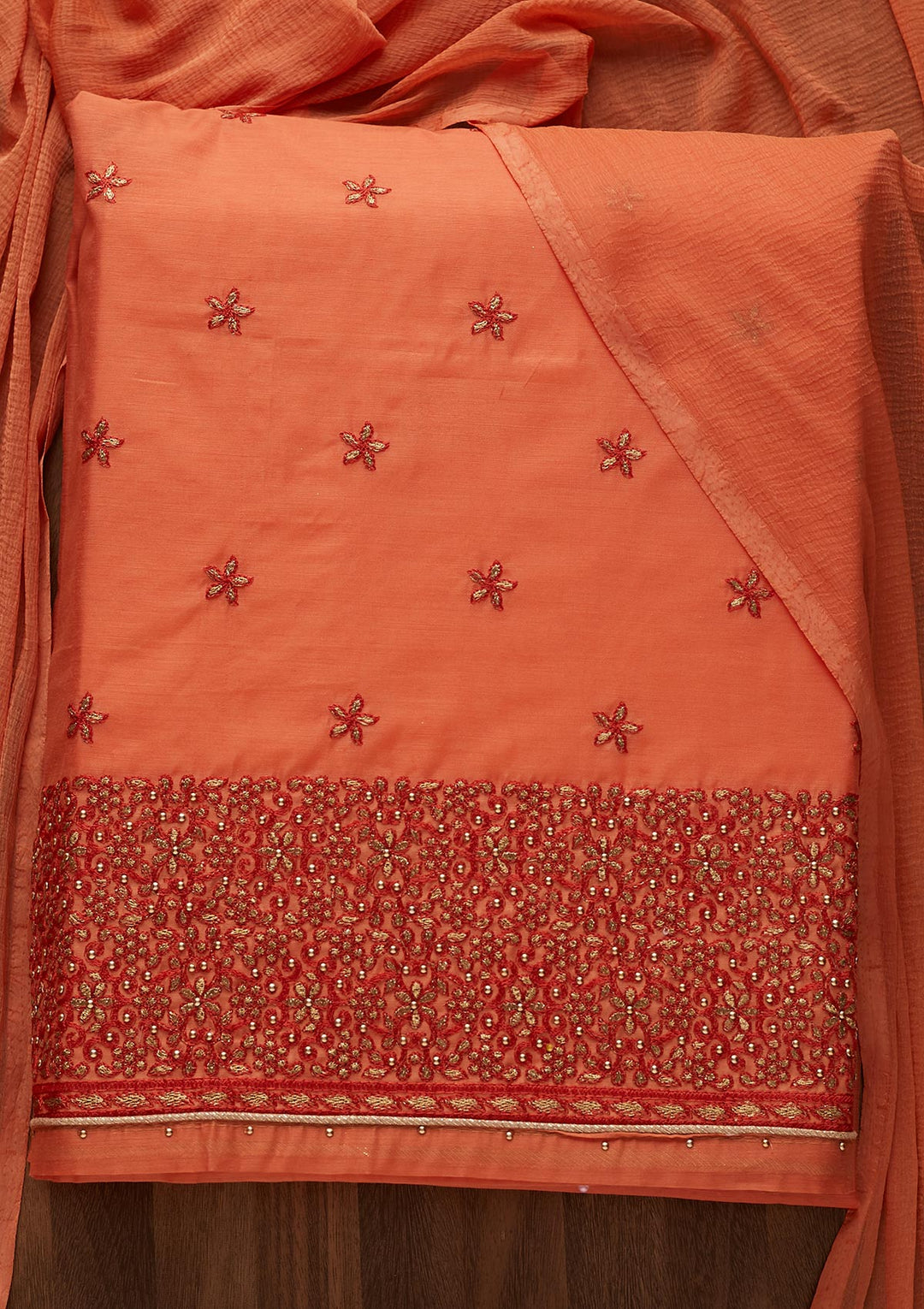 Peach Zariwork Chanderi Designer Unstitched Salwar Suit - Koskii