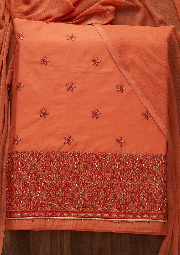 Peach Zariwork Chanderi Designer Unstitched Salwar Suit - Koskii