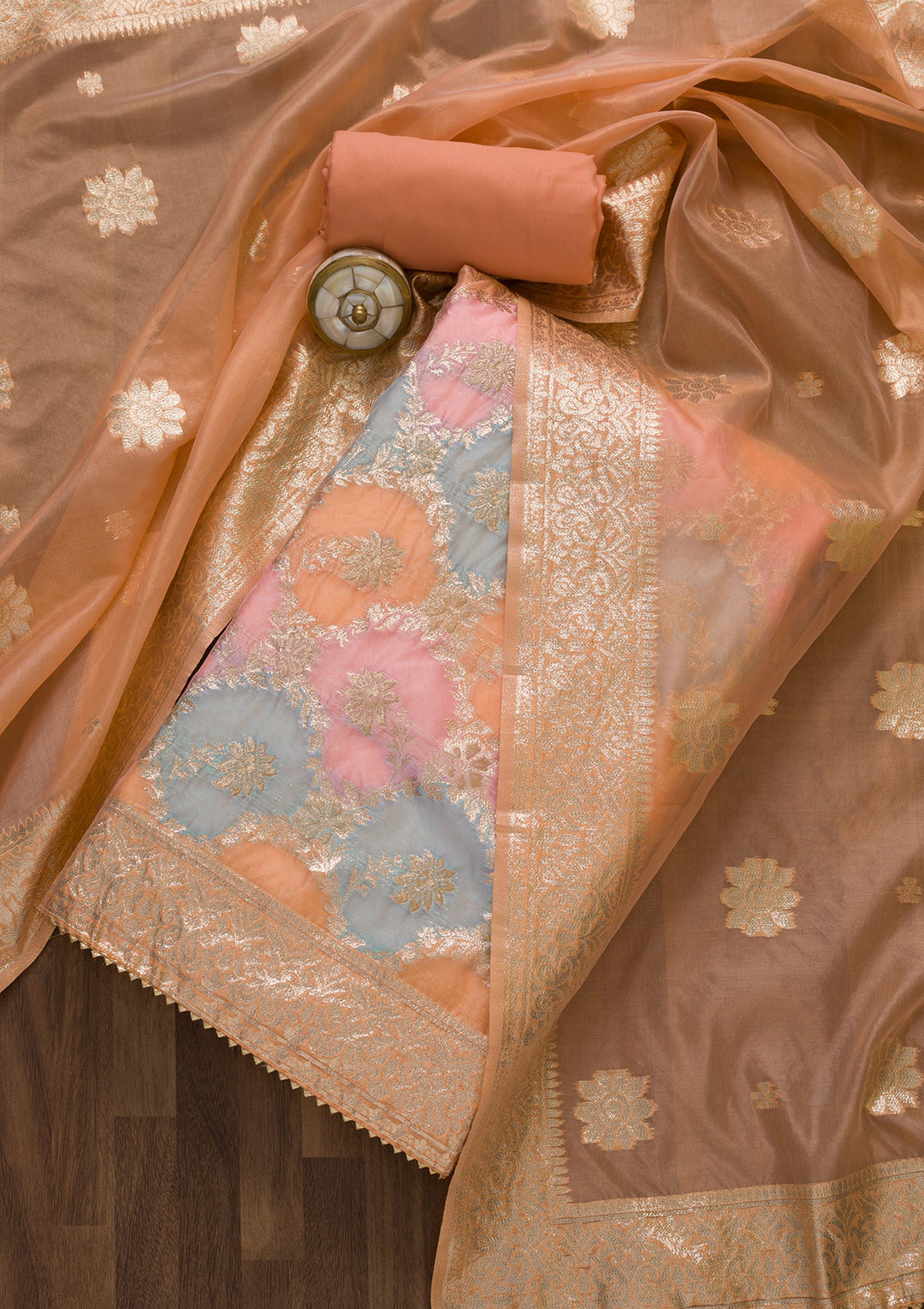 Peach Zariwork Chanderi Unstitched Salwar Suit-Koskii