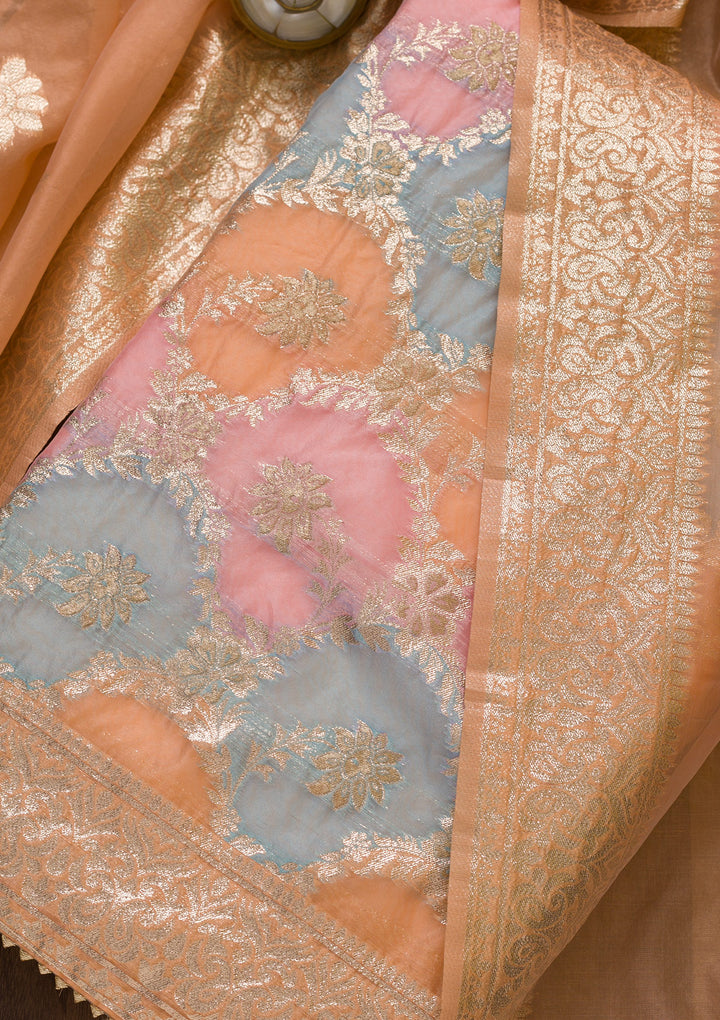 Peach Zariwork Banarasi Silk Unstitched Salwar Suit-Koskii