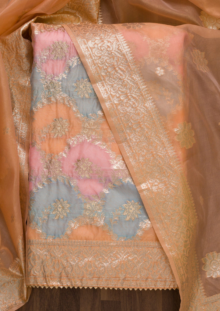 Peach Zariwork Banarasi Silk Unstitched Salwar Suit-Koskii