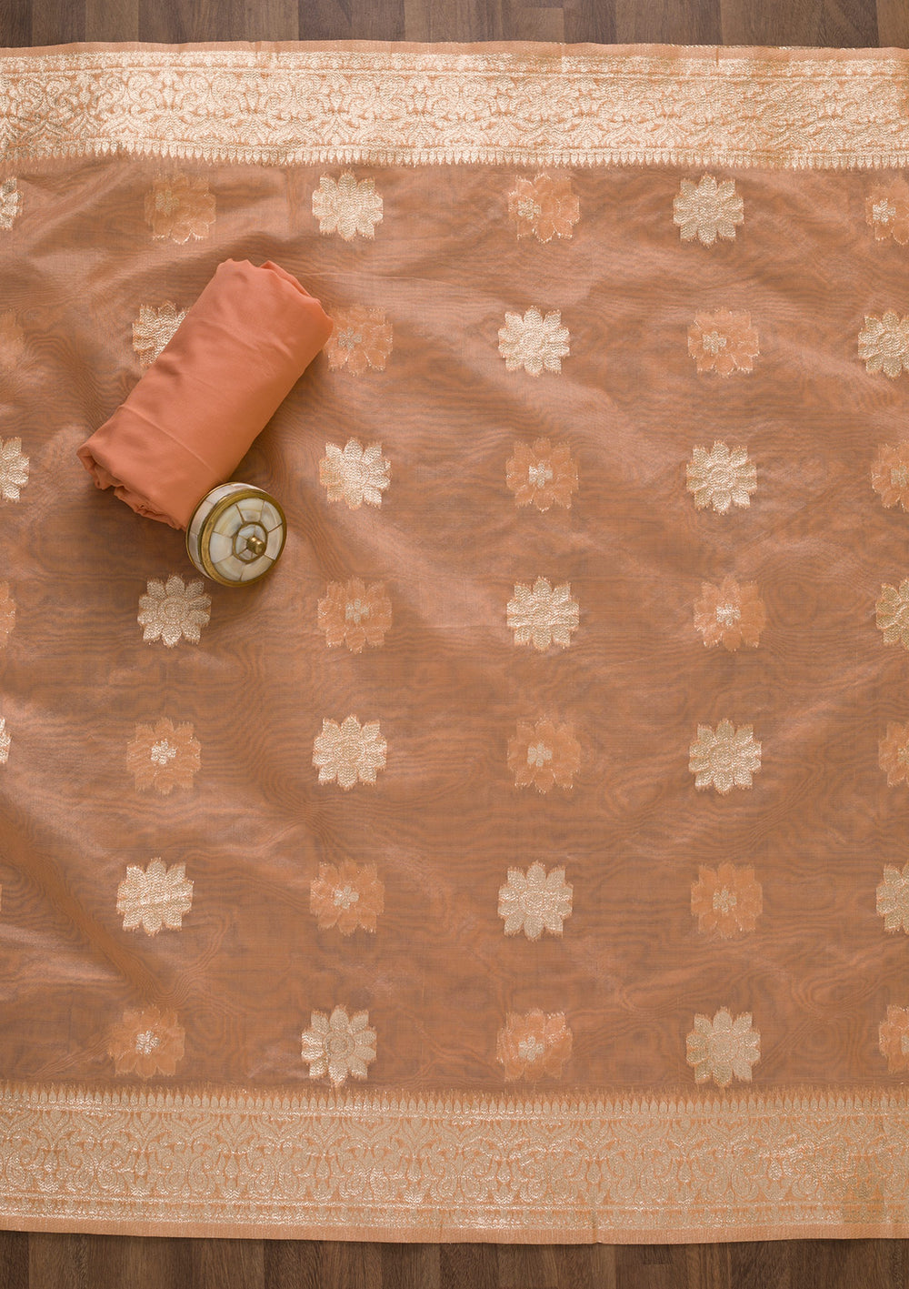 Peach Zariwork Banarasi Silk Unstitched Salwar Suit-Koskii