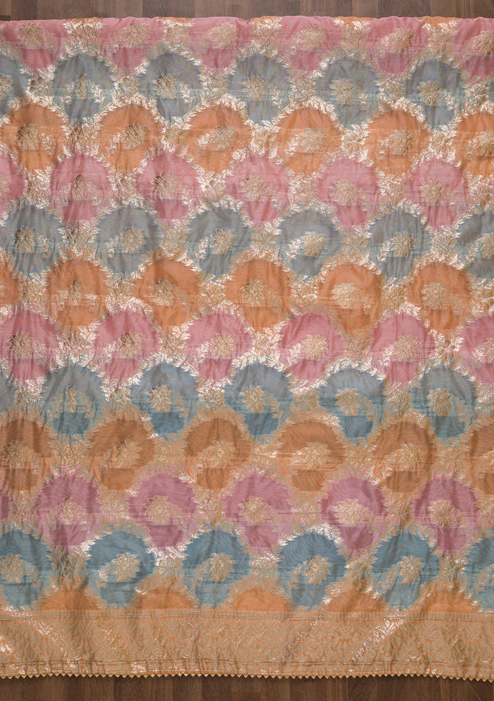 Peach Zariwork Banarasi Silk Unstitched Salwar Suit-Koskii