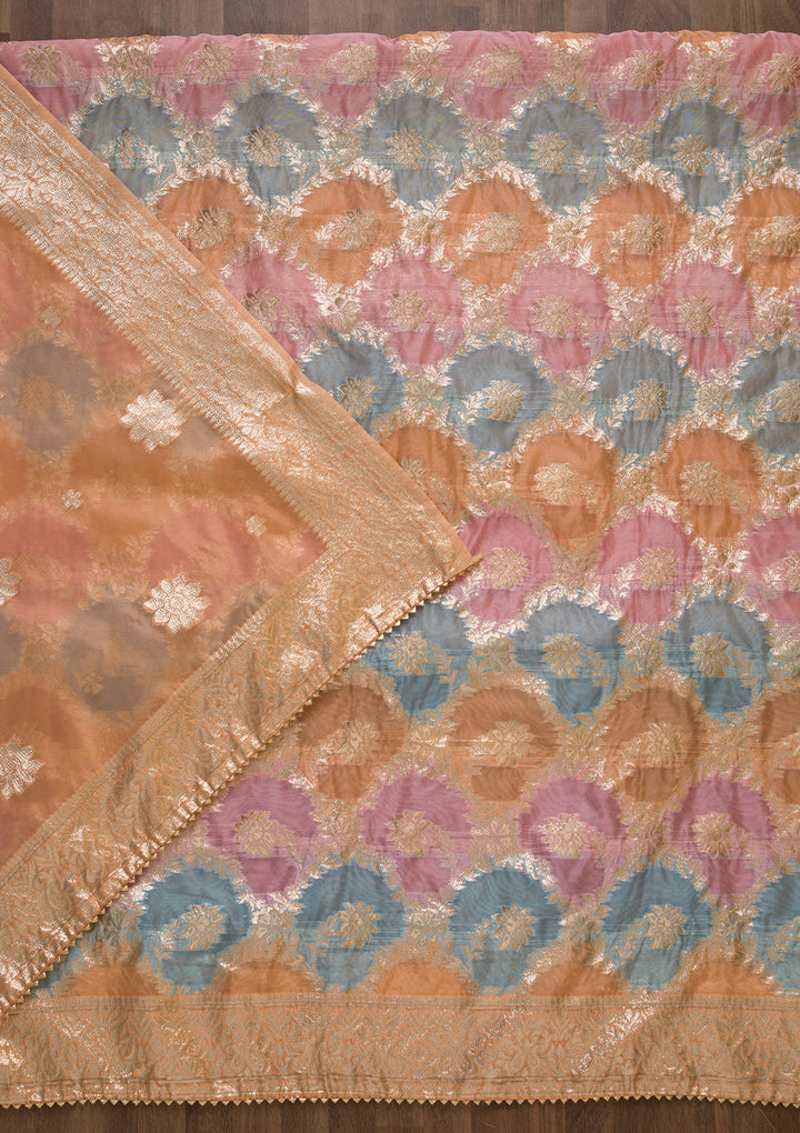 Peach Zariwork Banarasi Silk Unstitched Salwar Suit-Koskii