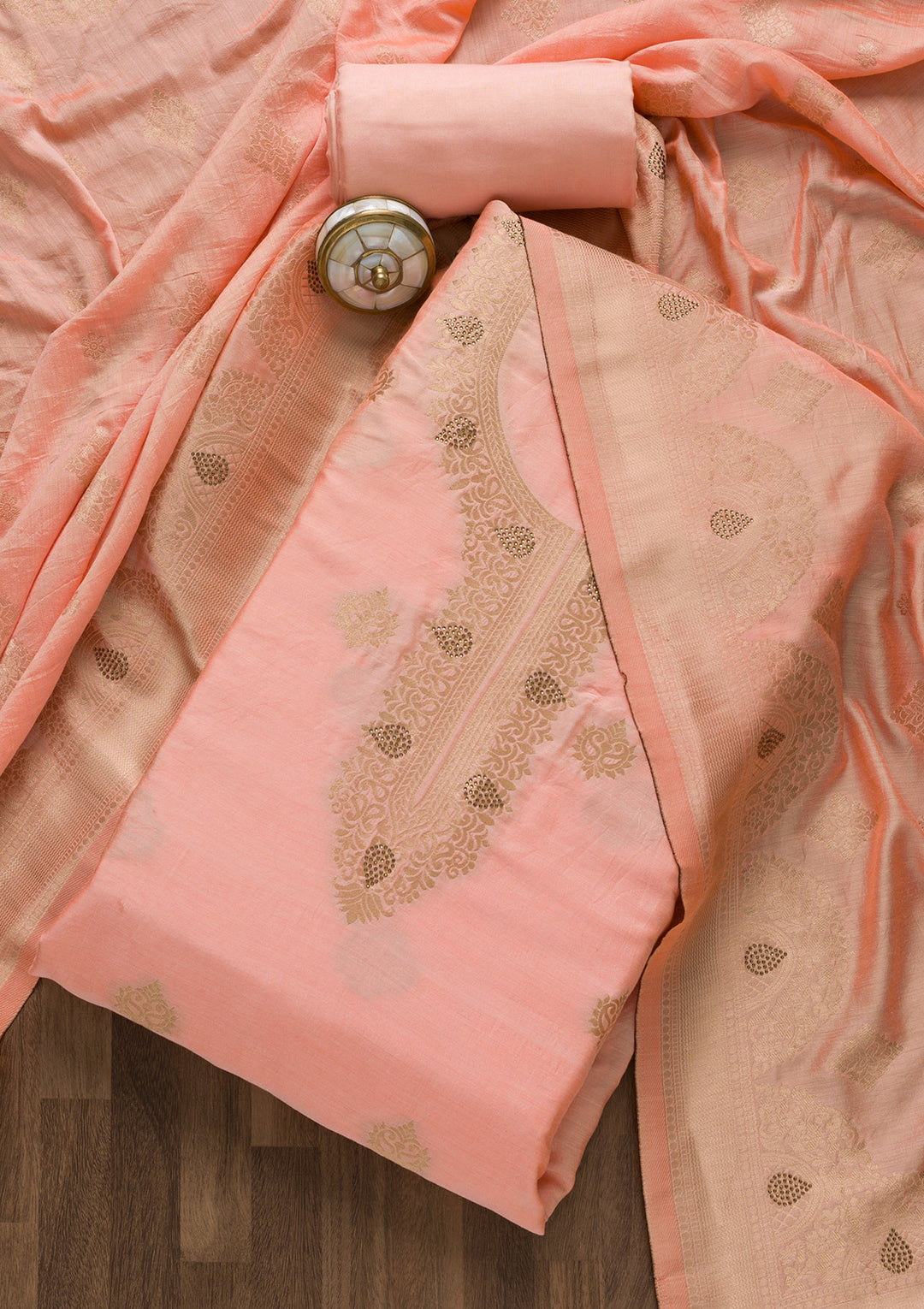 Peach Zariwork Cotton Unstitched Salwar Suit-Koskii