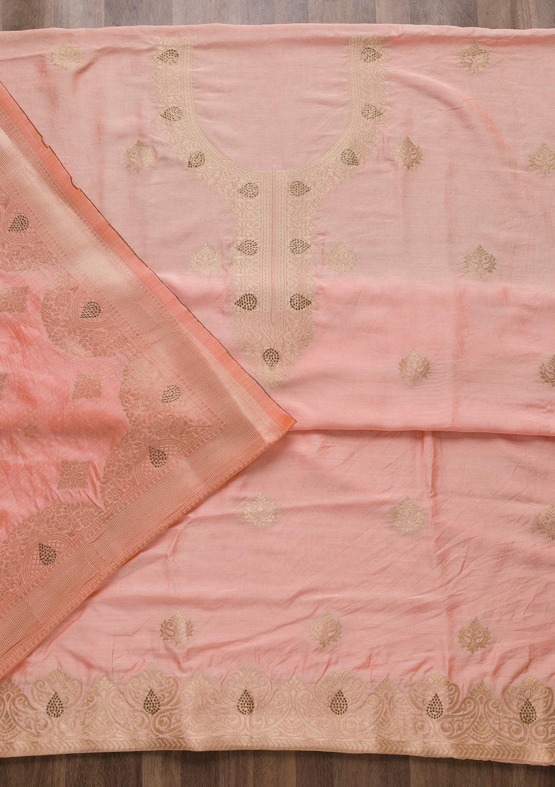 Peach Zariwork Cotton Unstitched Salwar Suit-Koskii