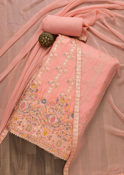 Peach Soft Silk Zariwork Unstitched Salwar Suit-Koskii