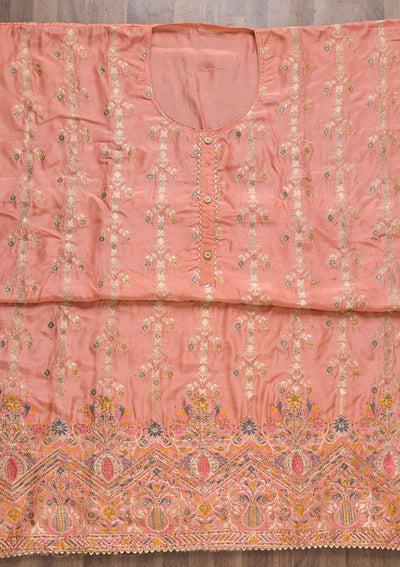 Peach Soft Silk Zariwork Unstitched Salwar Suit-Koskii