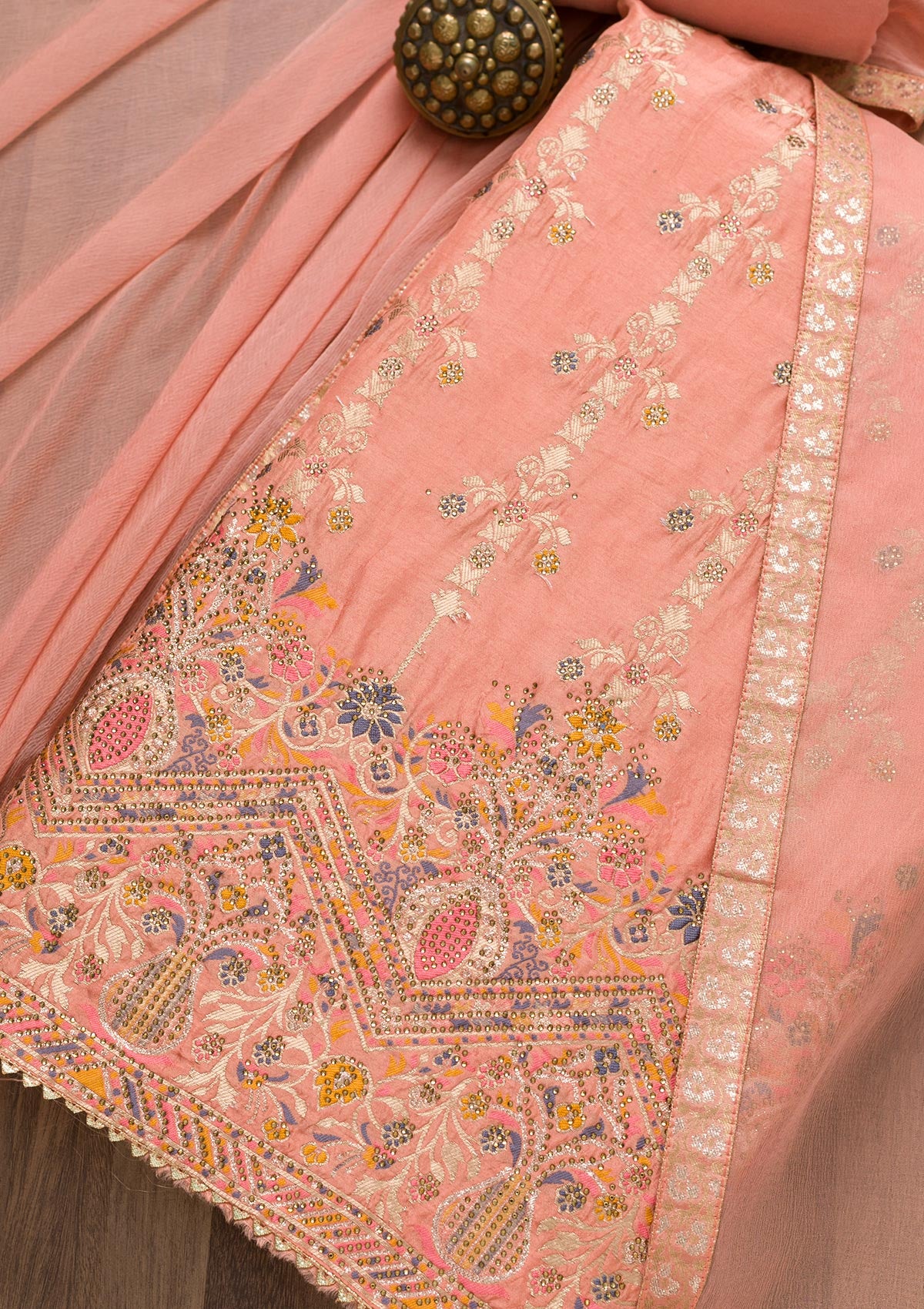 Peach Soft Silk Zariwork Unstitched Salwar Suit-Koskii