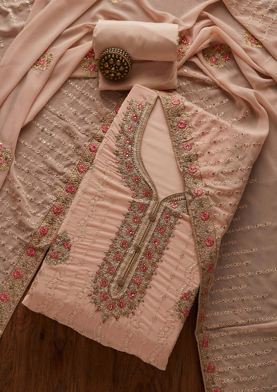 Peach Zariwork Georgette Designer Semi-Stitched Salwar Suit - Koskii