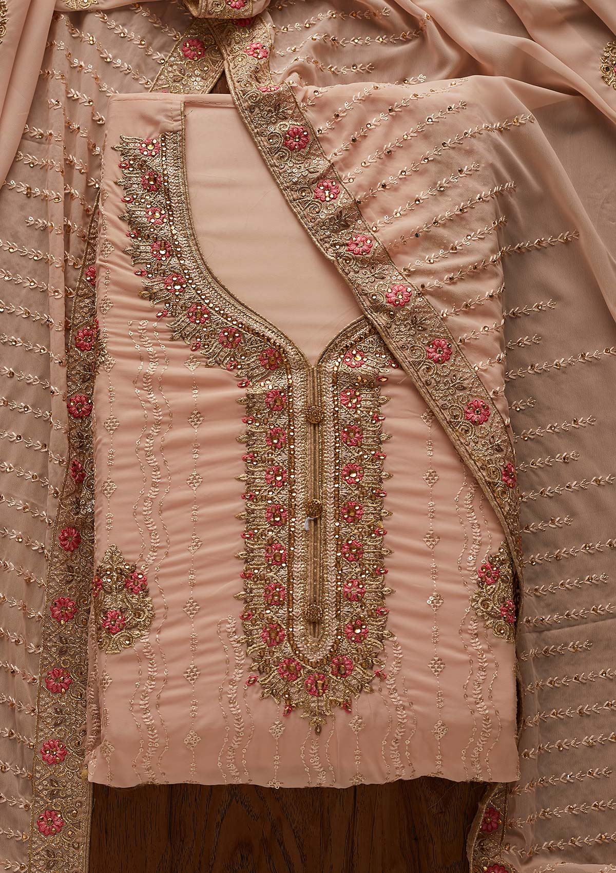 Peach Zariwork Georgette Designer Semi-Stitched Salwar Suit - Koskii
