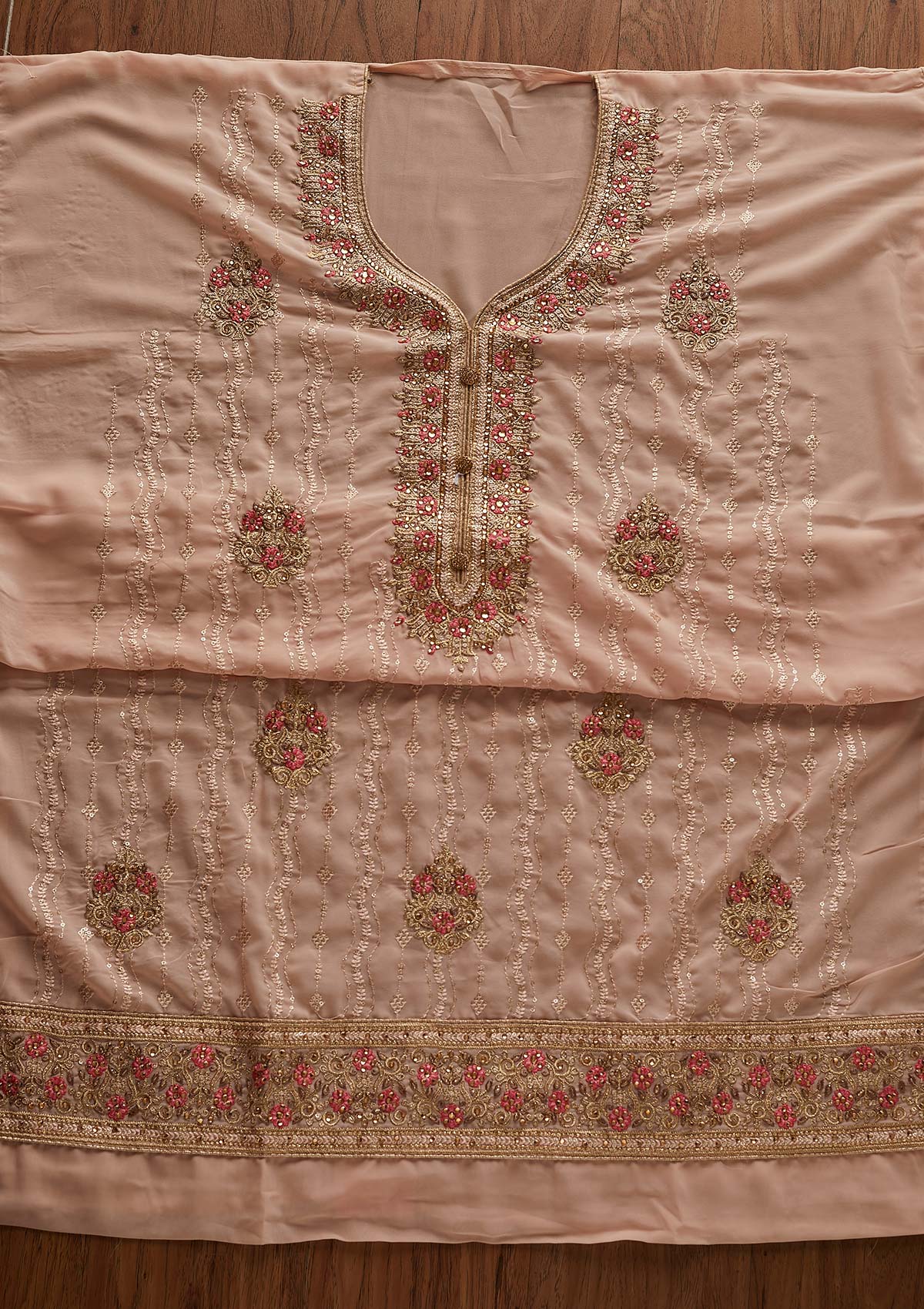 Peach Zariwork Georgette Designer Semi-Stitched Salwar Suit - Koskii