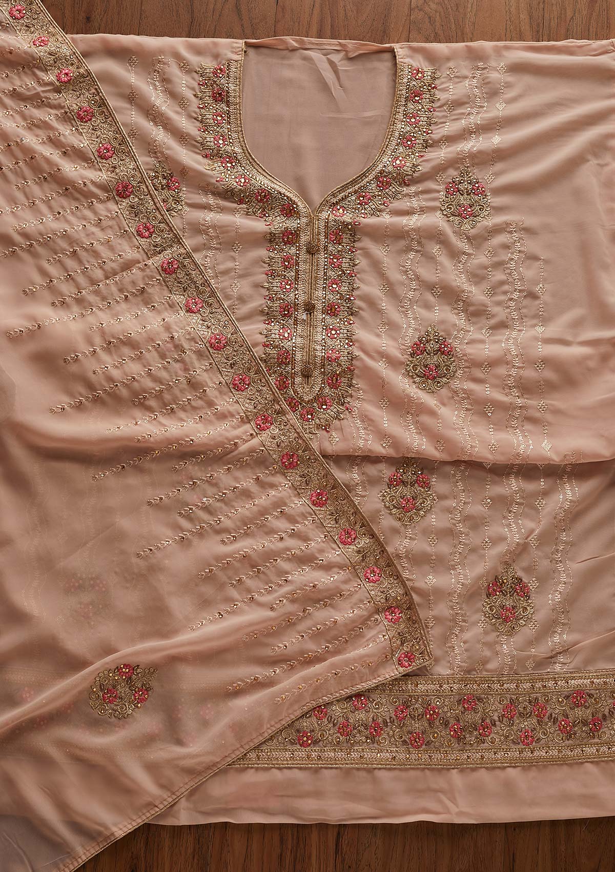 Peach Zariwork Georgette Designer Semi-Stitched Salwar Suit - Koskii