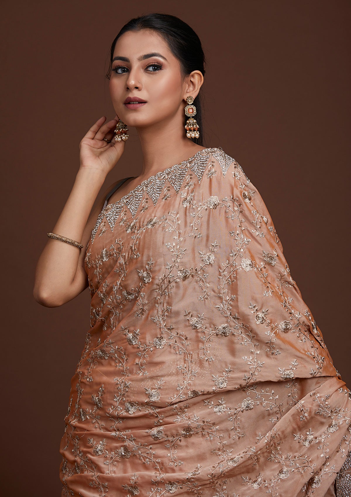 Peach Zariwork Georgette Saree-Koskii