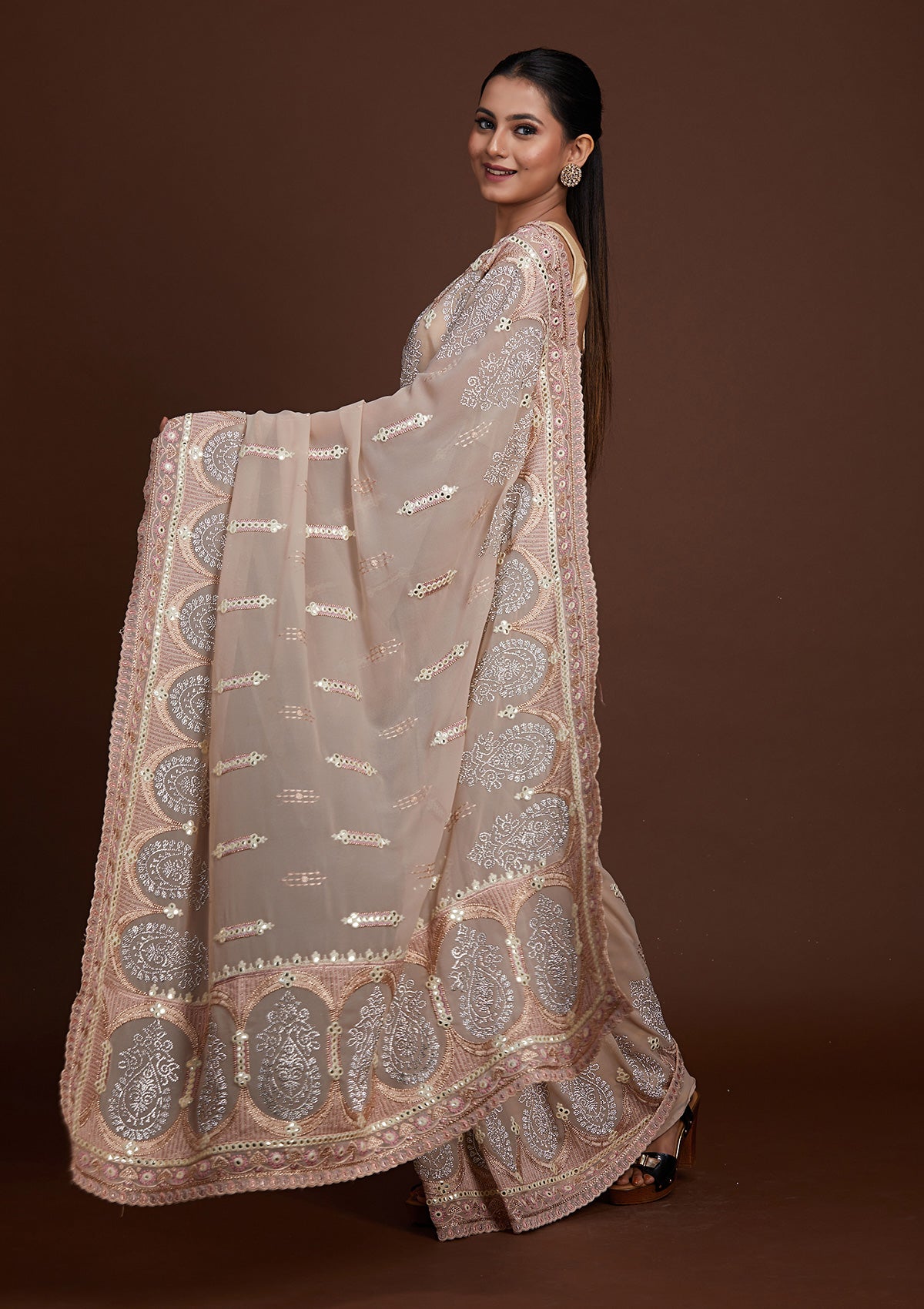 Peach Zariwork Georgette Saree-Koskii
