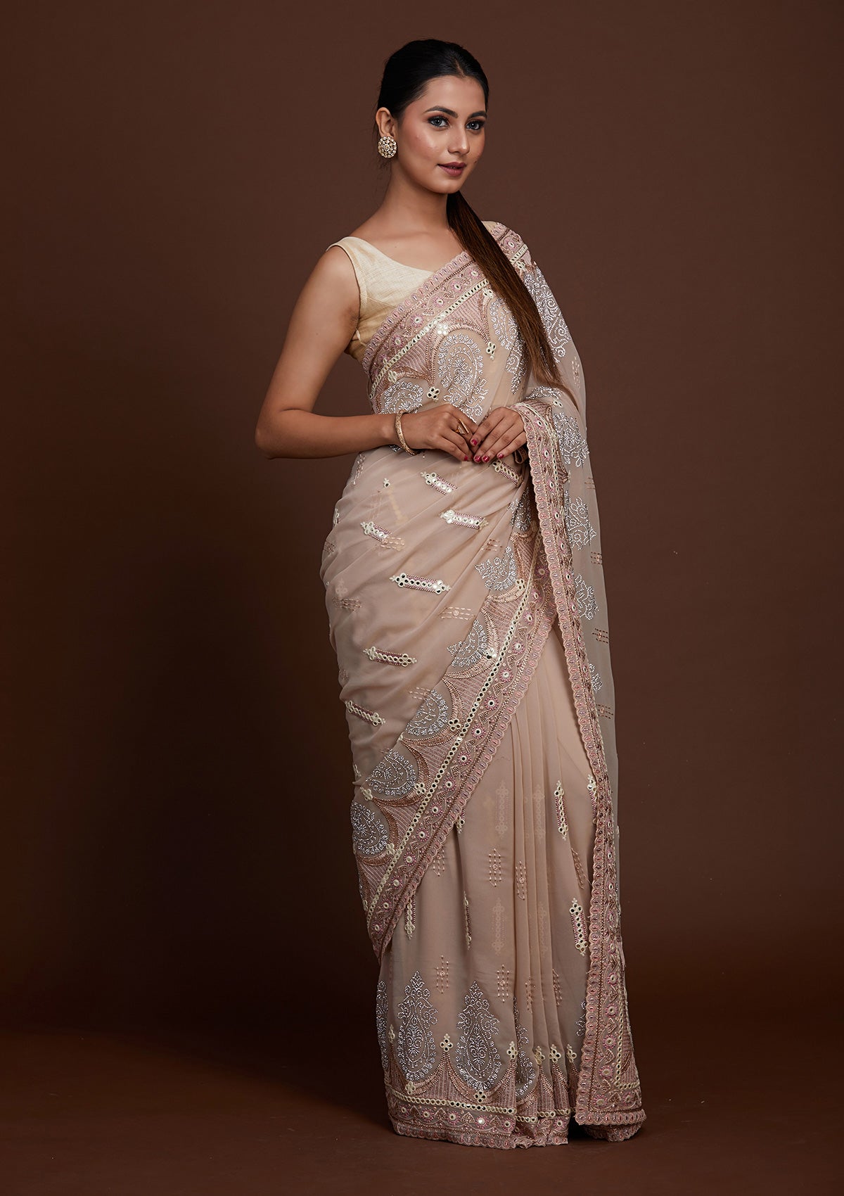 Peach Zariwork Georgette Saree-Koskii