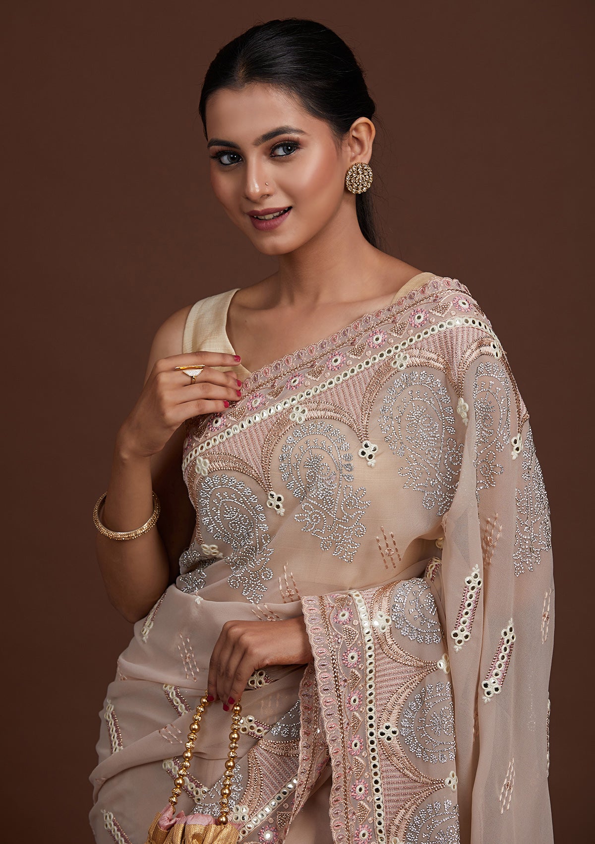 Peach Zariwork Georgette Saree-Koskii