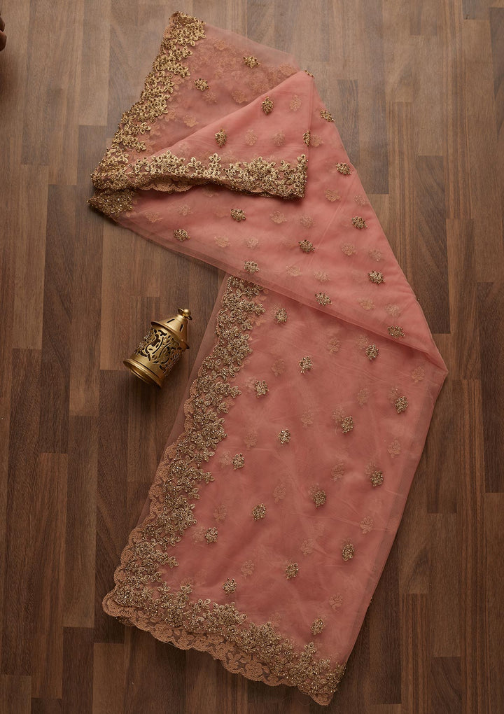 Peach Zariwork Net Readymade Dupatta- Koskii