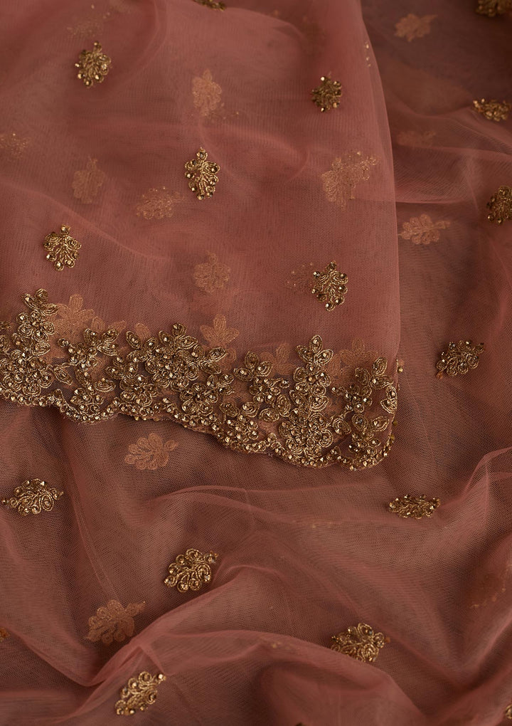 Peach Zariwork Net Readymade Dupatta - Koskii