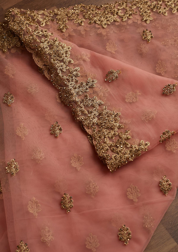 Peach Zariwork Net Readymade Dupatta - Koskii